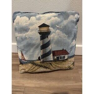Lighthouse Sailboat Tapestry Throw Pillow Seagulls Nautical Square 15”